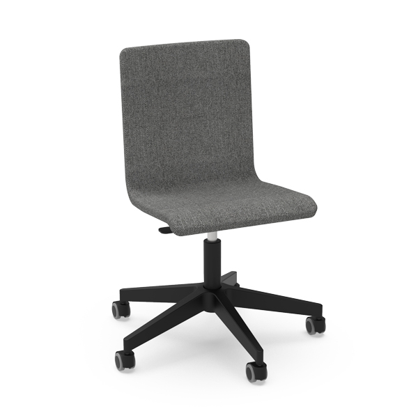 Cadeira RETA Spin estofada em cinzento com base preta com rodas.