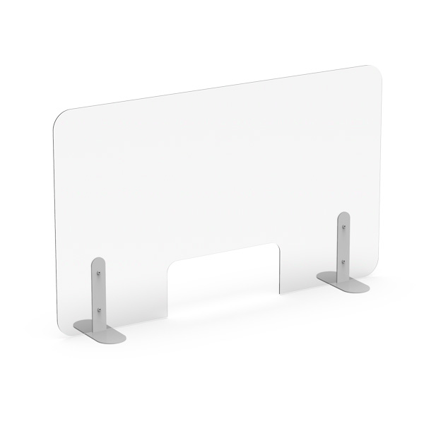Divisória transparente com dois apoios metálicos e abertura rectangular inferior.