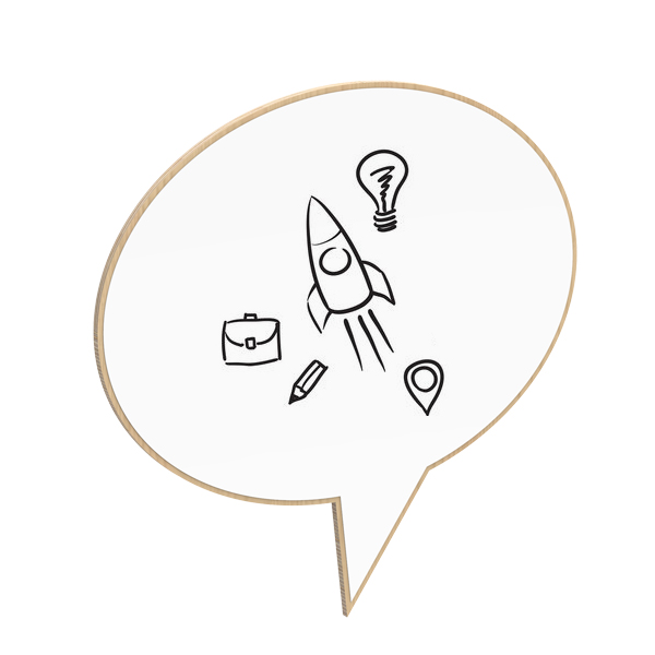 Painel em forma de bal&atilde;o de fala com desenhos de um foguet&atilde;o, l&acirc;mpada, pasta, l&aacute;pis e pion&eacute;s.