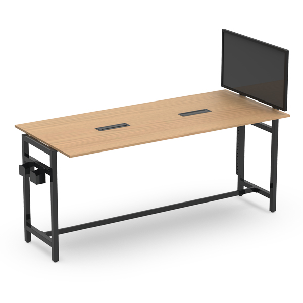 Mesa Smart Desk com tampo de madeira clara, estrutura preta, ecrã e ligações eléctricas.