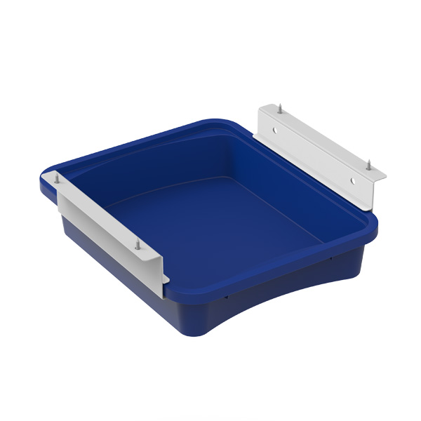 Tabuleiro Ergos azul com suportes de fixação brancos nas laterais.