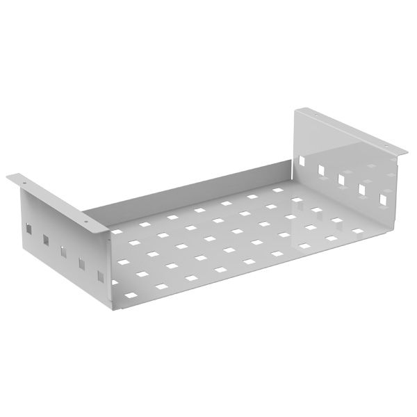 Subtampo metálico perfurado para mesa, com bordos de fixação.