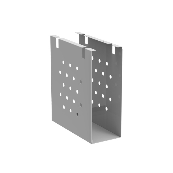 Suporte metálico cinzento para computador, com perfurações laterais e frente aberta.