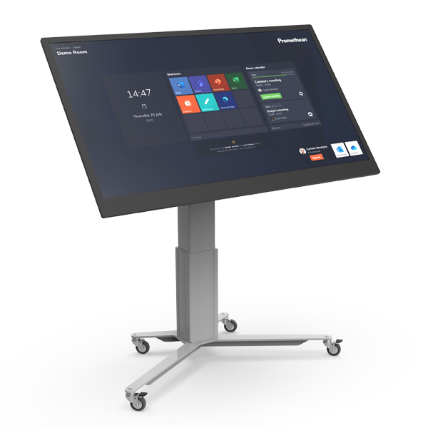 Netboard Flow Flip LED com ecr&atilde; inclinado sobre suporte com rodas.