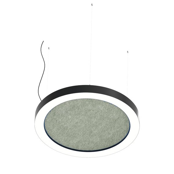 Elemento circular Light 4.0 suspenso por cabos, com aro preto e superfície central cinzenta.