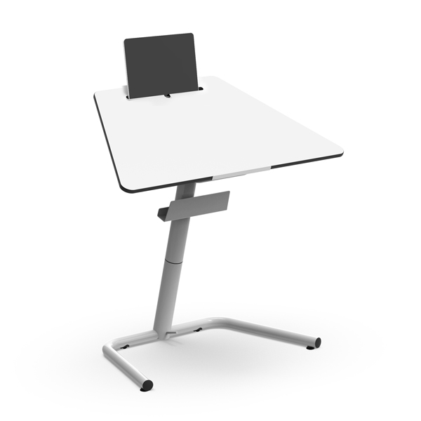 Mesa One regulável com tampo branco e estrutura metálica.