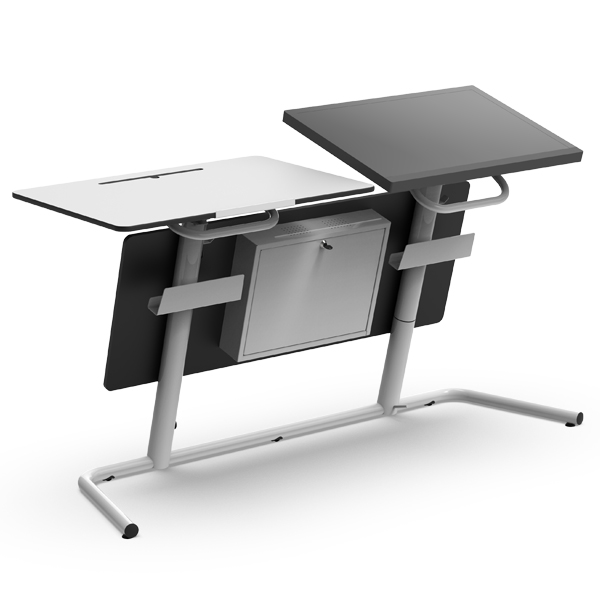 Mesa One Professor com duas superfícies, uma plana e outra inclinada, e arrumação inferior.