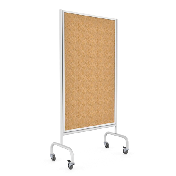 Painel de corti&ccedil;a m&oacute;vel com estrutura met&aacute;lica branca e rodas.