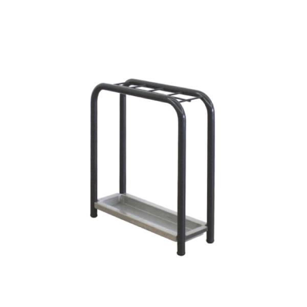 Suporte preto para guarda-chuvas com tabuleiro rectangular na base.