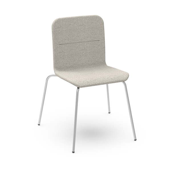 Cadeira Smooth estofada em cinzento-claro com pernas metálicas brancas.