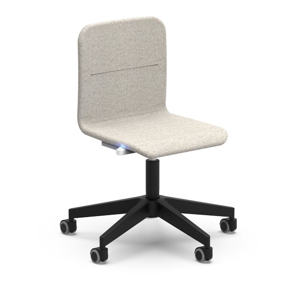Cadeira Smooth 4.0 com assento e encosto estofados em cinzento-claro e base preta com rodas.