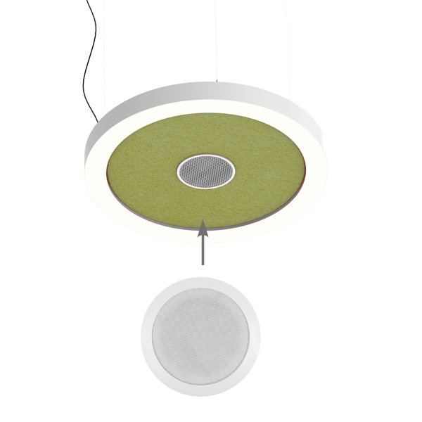 Elemento circular Sound 4.0 com superfície verde e altifalante central, acompanhado de um pormenor da grelha.