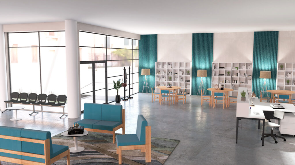 Sala com mesas, cadeiras, estantes, assentos de espera e plantas.