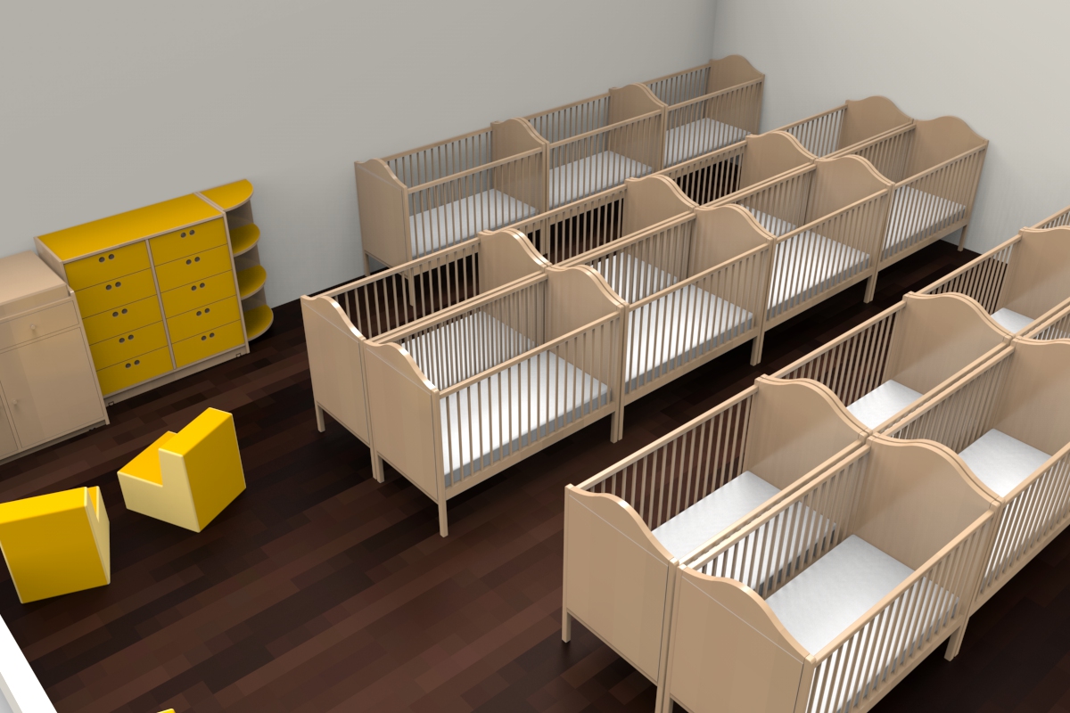 Sala com berços de madeira em filas, roupa de cama branca e mobiliário amarelo.