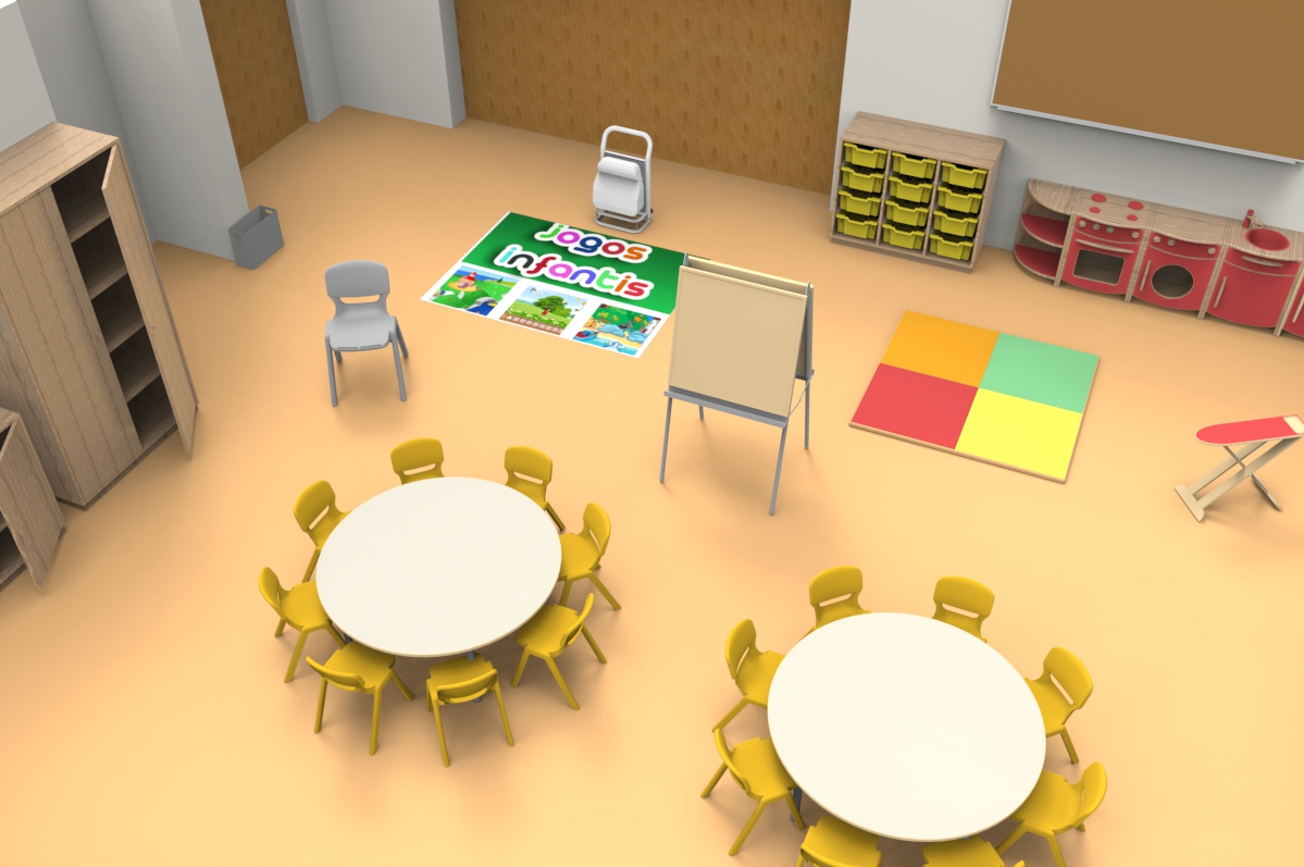 Sala do pré-escolar com mesas redondas, cadeiras amarelas, cozinha de brincar e tapetes.