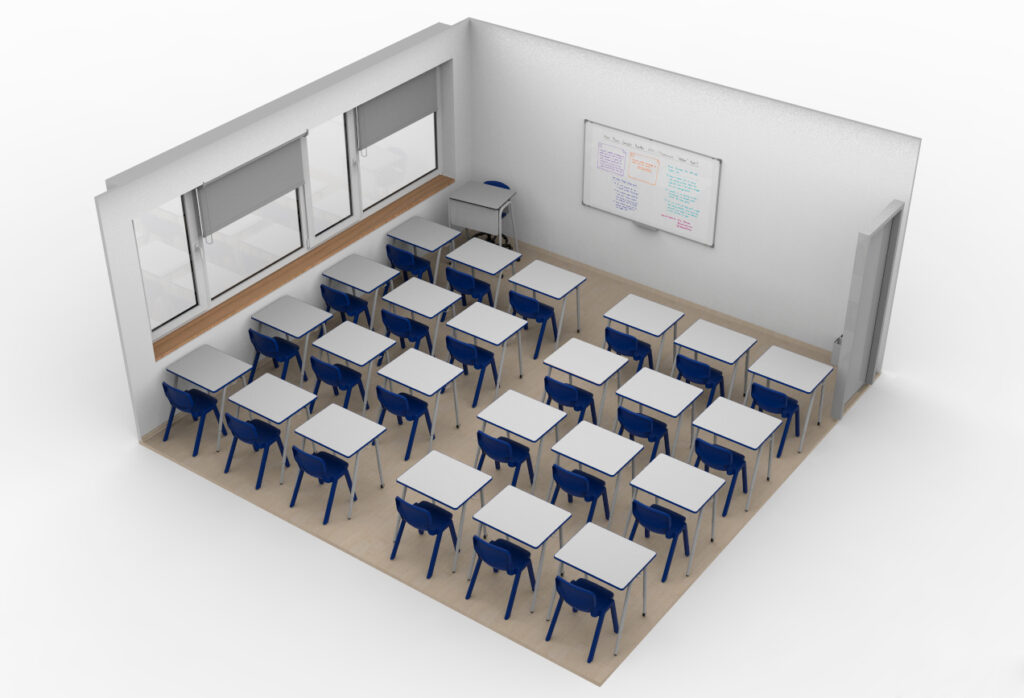 Representação de uma sala com mesas individuais em filas, cadeiras azuis e quadro branco.