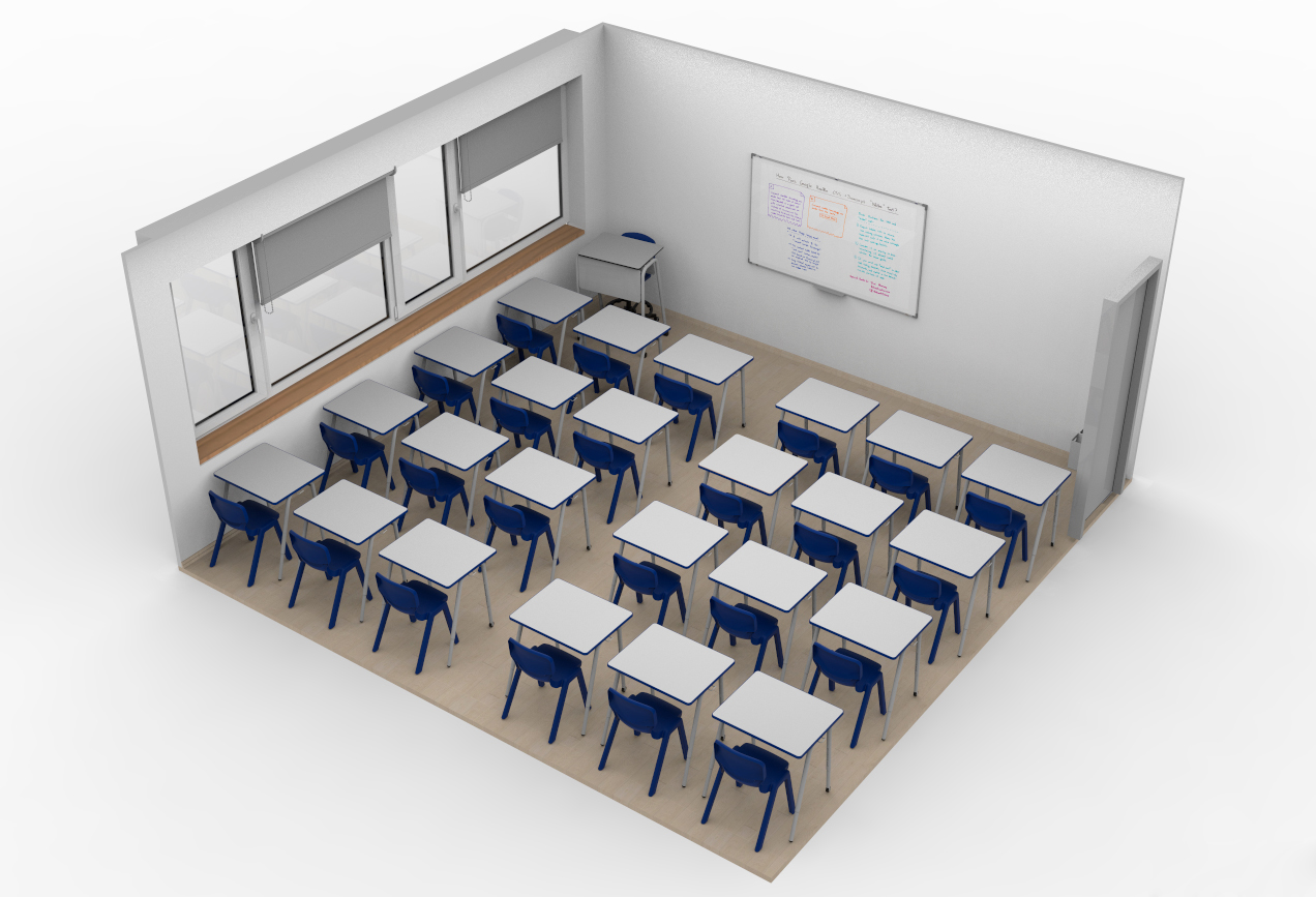 Representação de uma sala com mesas individuais em filas, cadeiras azuis e quadro branco.