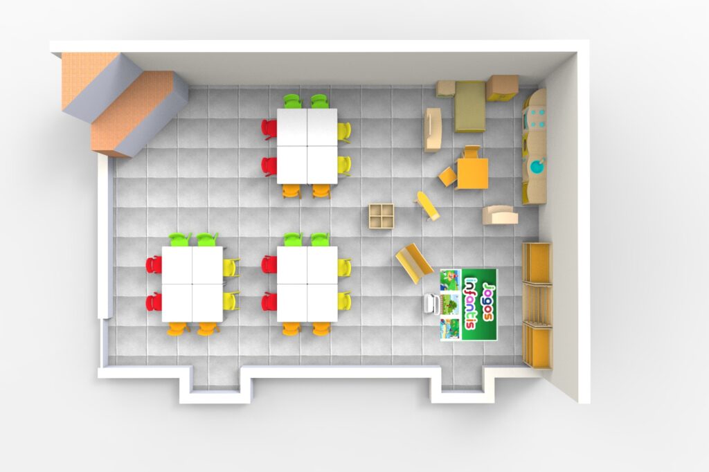 Vista superior de uma sala com mesas, cadeiras de várias cores, zona de leitura e zona de brincar.