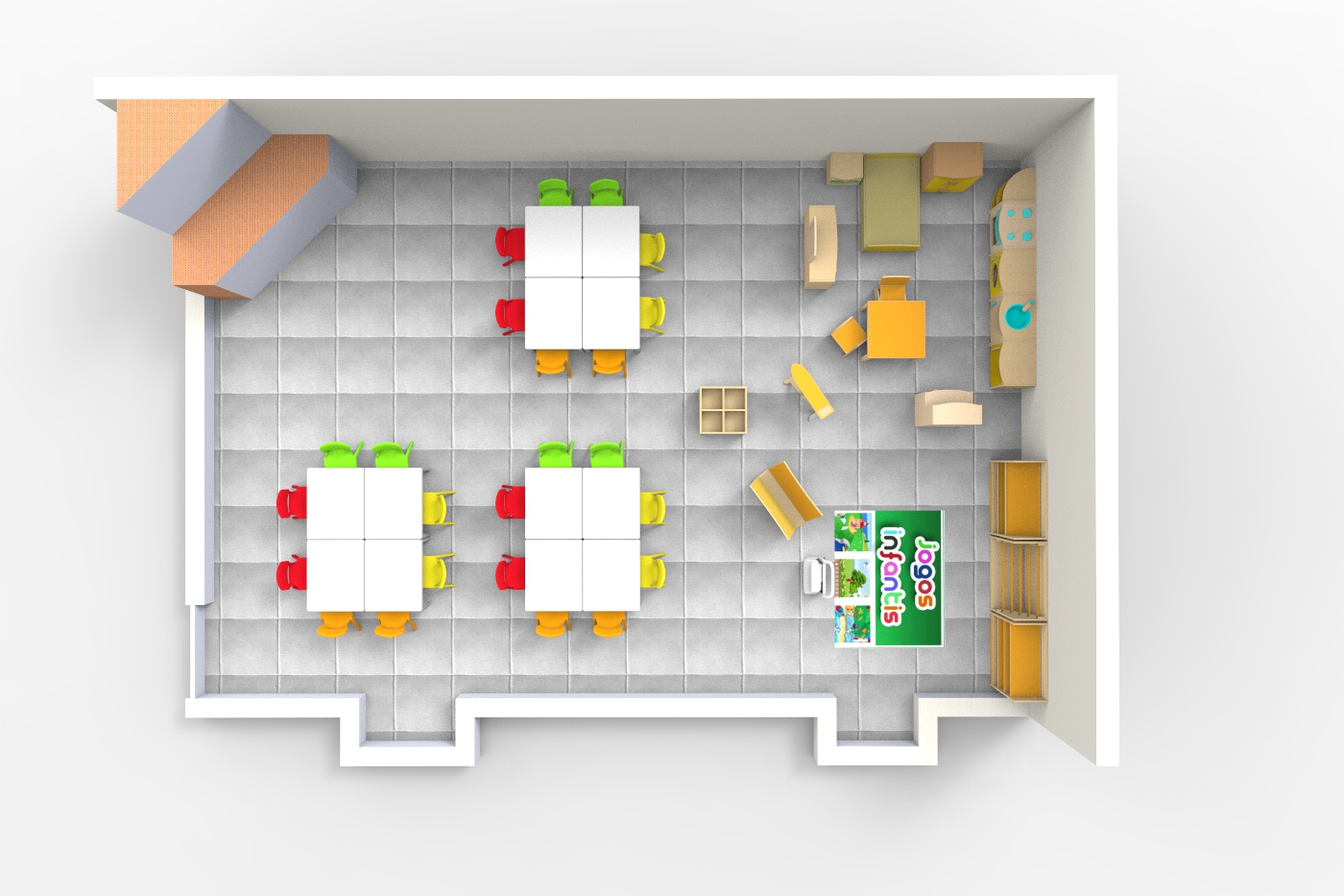 Vista superior de uma sala com mesas, cadeiras de várias cores, zona de leitura e zona de brincar.