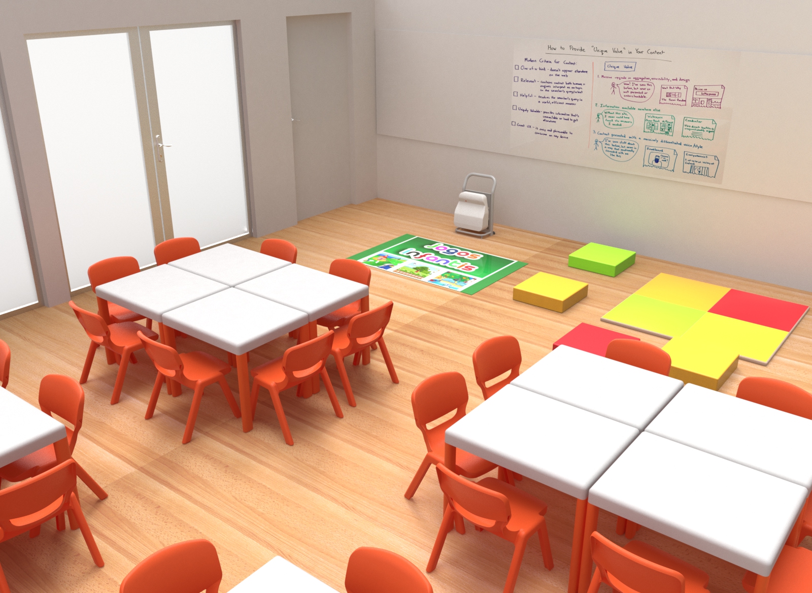 Sala com mesas brancas, cadeiras laranja, tapetes de actividades e quadro com anotações.