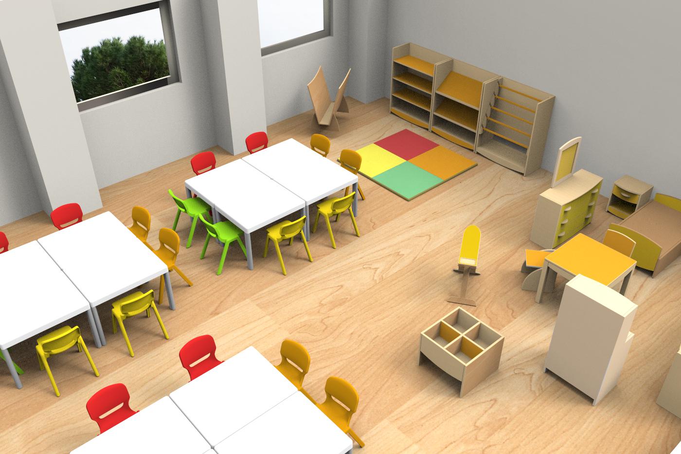 Sala infantil com mesas brancas, cadeiras de várias cores, estantes, brinquedos e tapete de actividades.