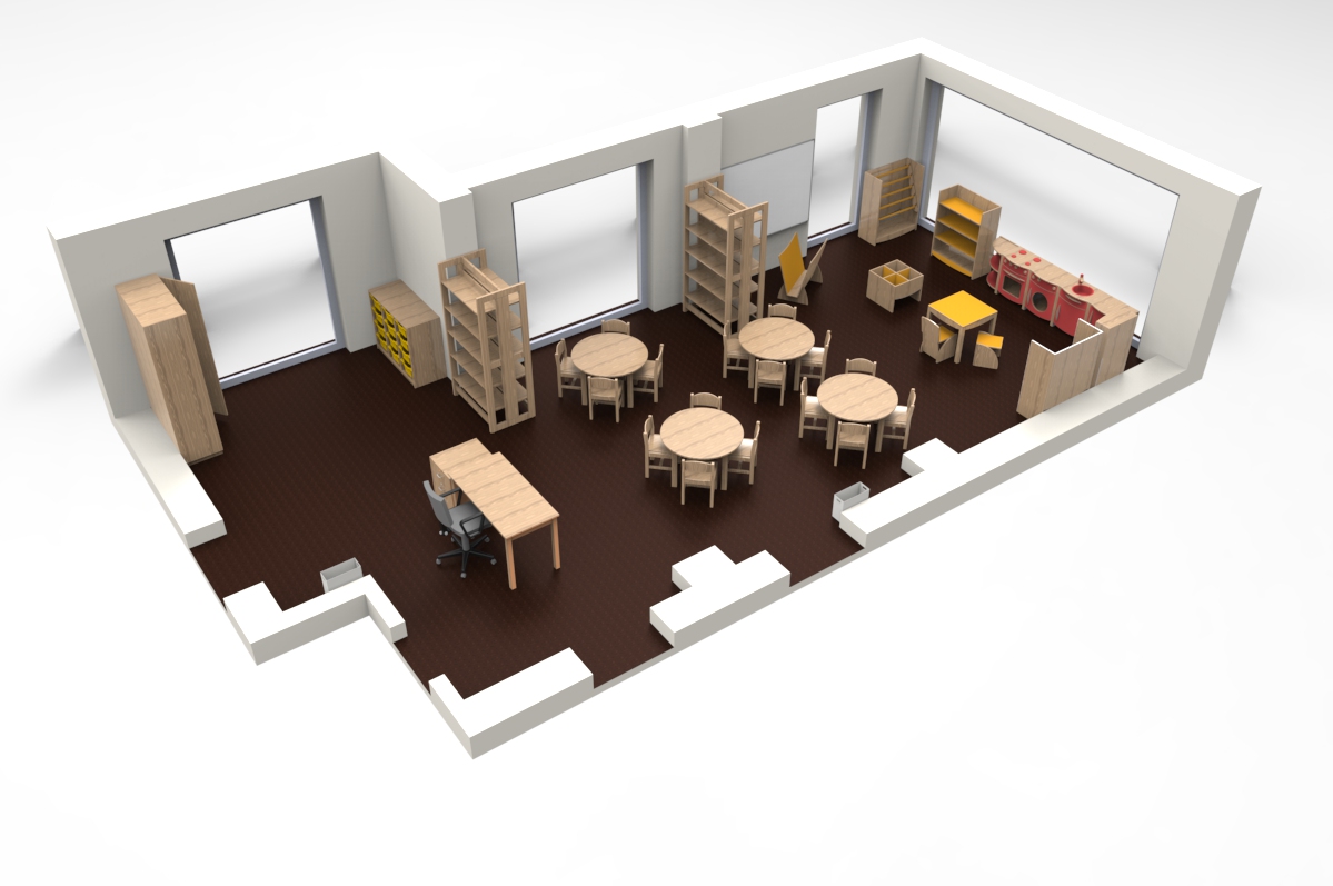 Representação de uma sala com mesas redondas, cadeiras, estantes, armários e zona de brincar.