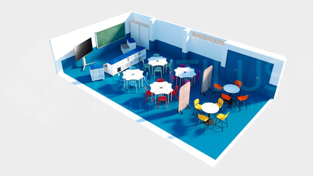 Sala com pavimento azul, mesas redondas agrupadas, cadeiras de várias cores, ecrã e divisórias.