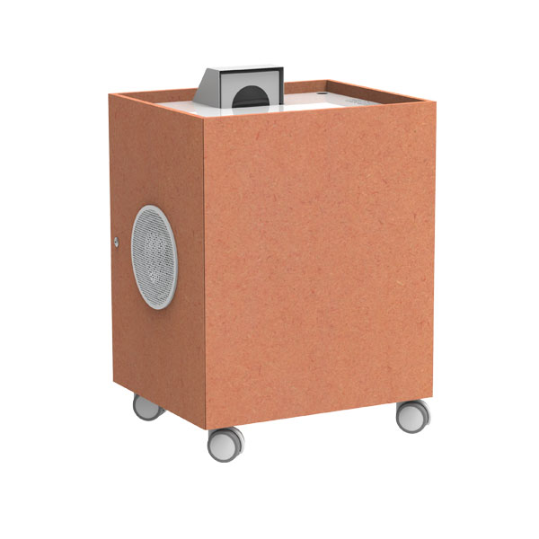 Netboard Portable 360 laranja, com projetor visível na parte superior e base com rodas.