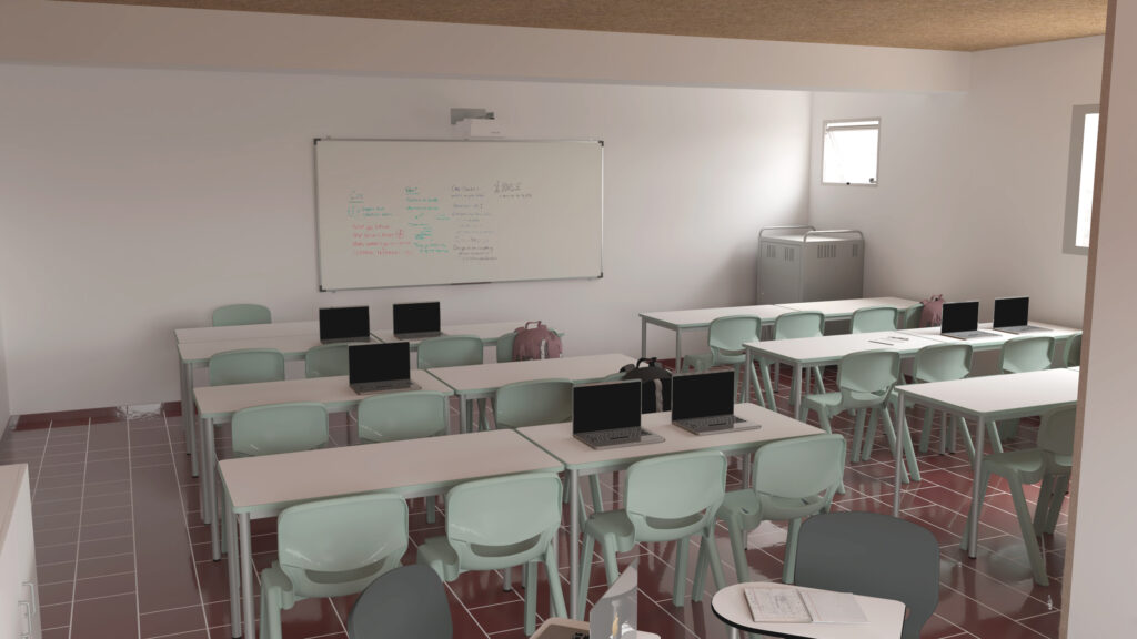 Sala com mesas brancas, cadeiras verdes-claras, computadores portáteis e quadro com anotações.