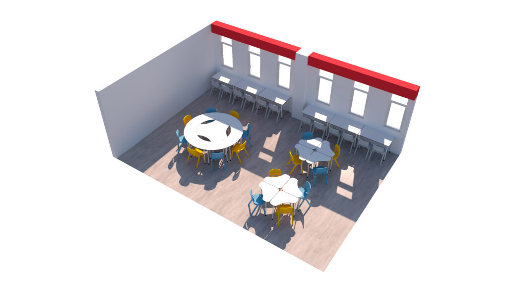 Representação de uma sala com mesas redondas, cadeiras de várias cores e postos de trabalho junto às janelas.
