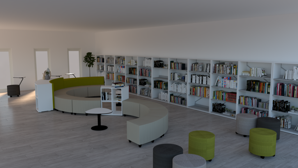 Biblioteca com assentos curvos bege e verdes, mesas redondas e estantes com livros.