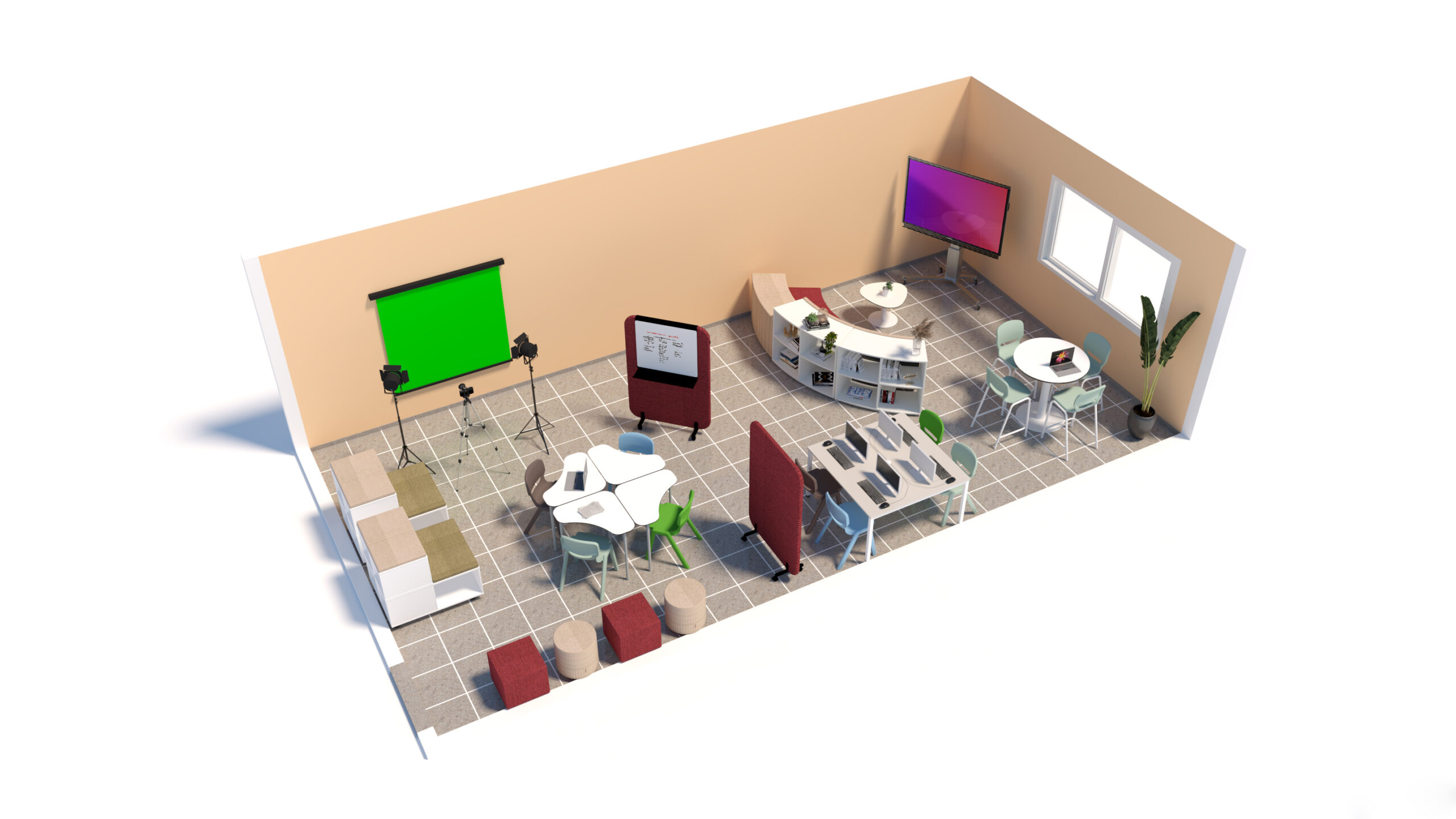 Representação de uma sala com mesas, computadores, câmaras, fundo verde, quadros e ecrãs.