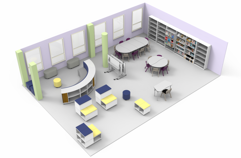 Representação de uma biblioteca com estantes, mesas curvas e redondas e assentos estofados.