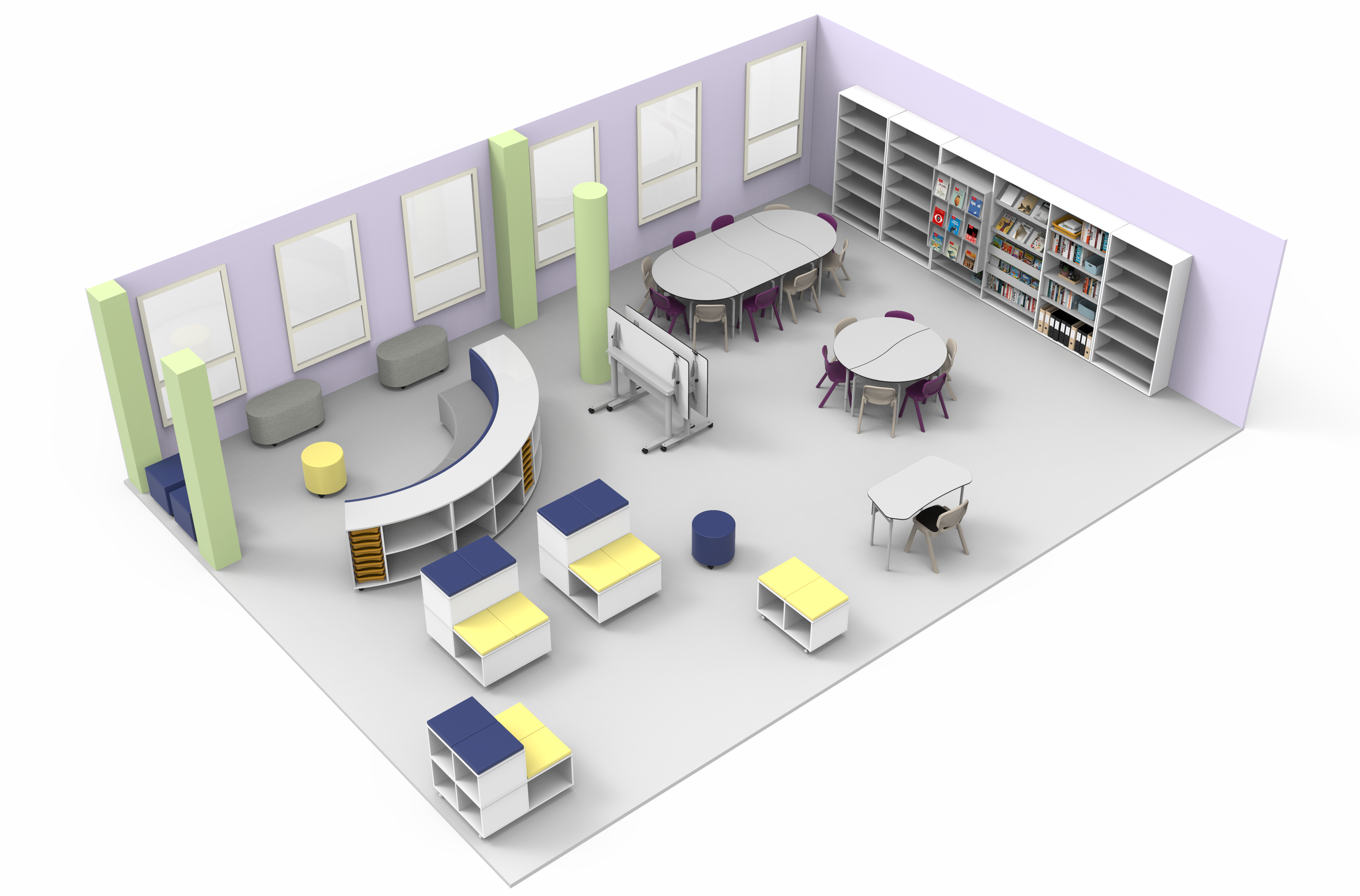 Representação de uma biblioteca com estantes, mesas curvas e redondas e assentos estofados.