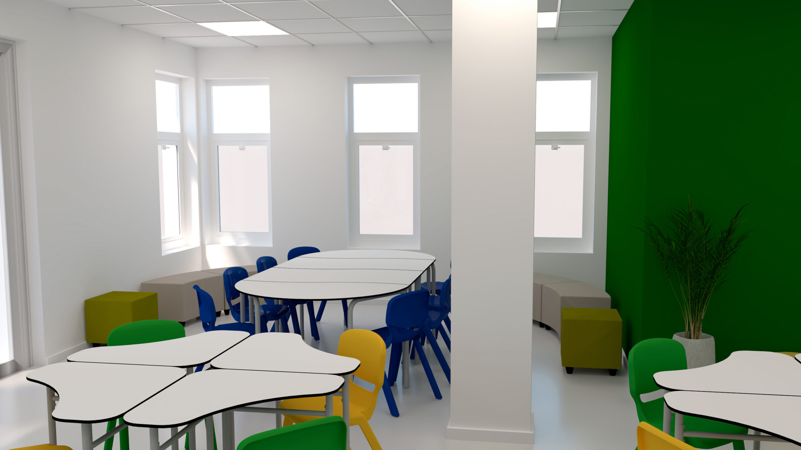 Sala com mesas brancas, cadeiras azuis e amarelas e pufes verdes.