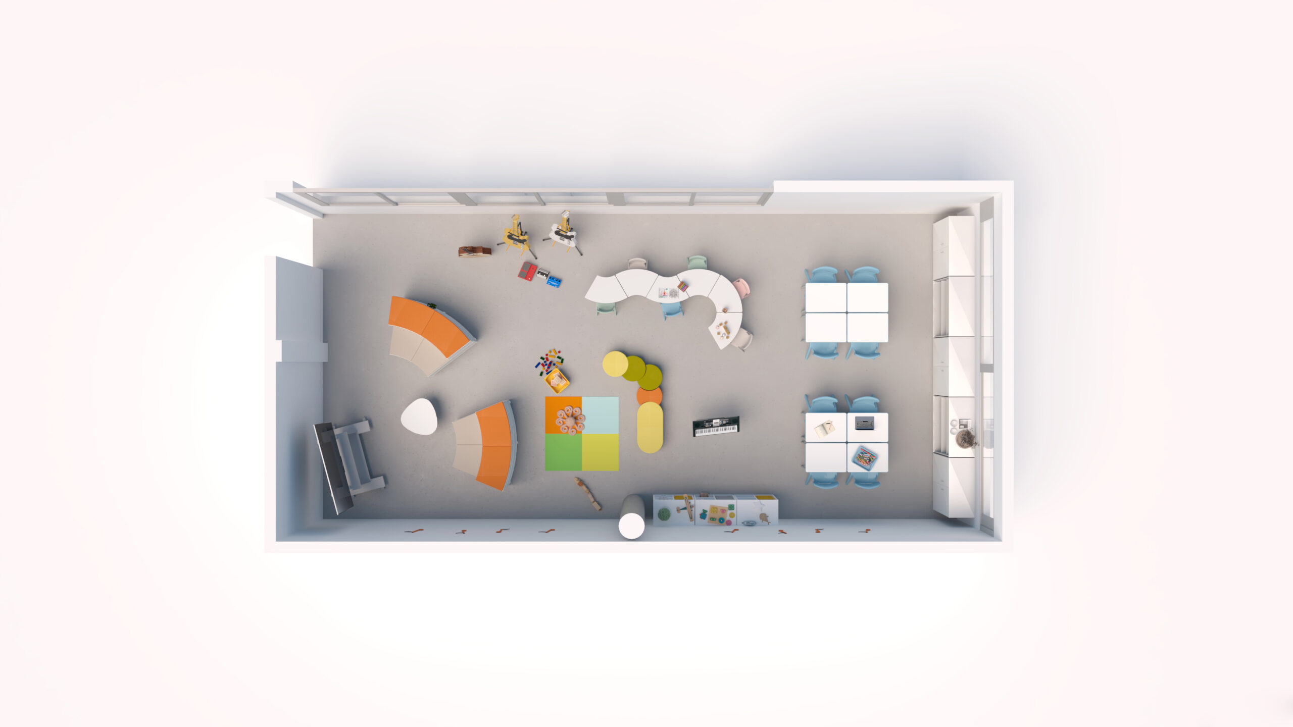Vista superior de uma sala com assentos curvos laranja, bancos de várias cores, mesas e crianças.