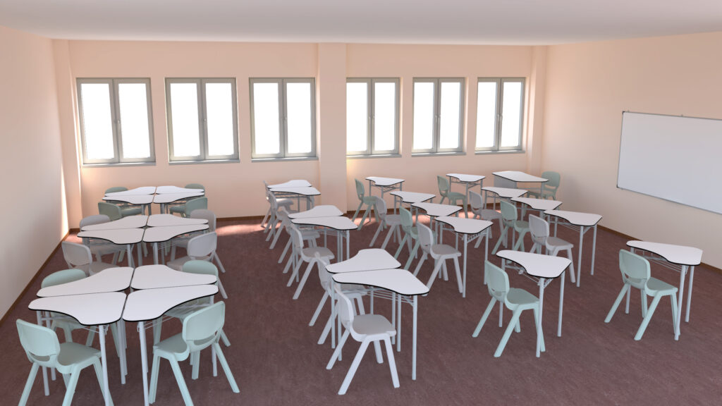 Sala com mesas triangulares brancas agrupadas, cadeiras cinzentas e quadro branco.