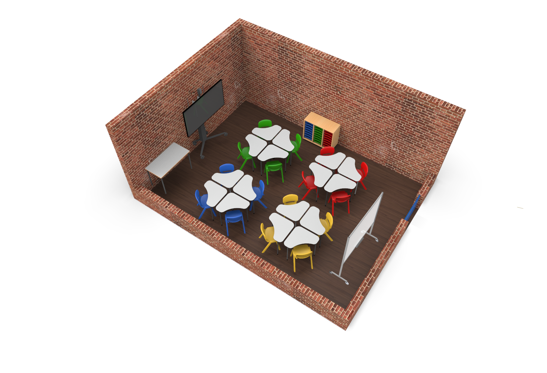 Sala com paredes de tijolo, mesas redondas, cadeiras de várias cores, quadro e ecrã móvel.