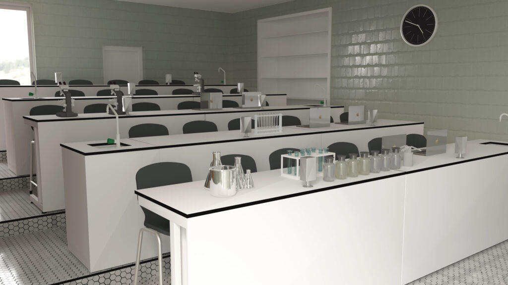 Sala de ciências com mesas brancas, cadeiras pretas, material de vidro e computadores portáteis.