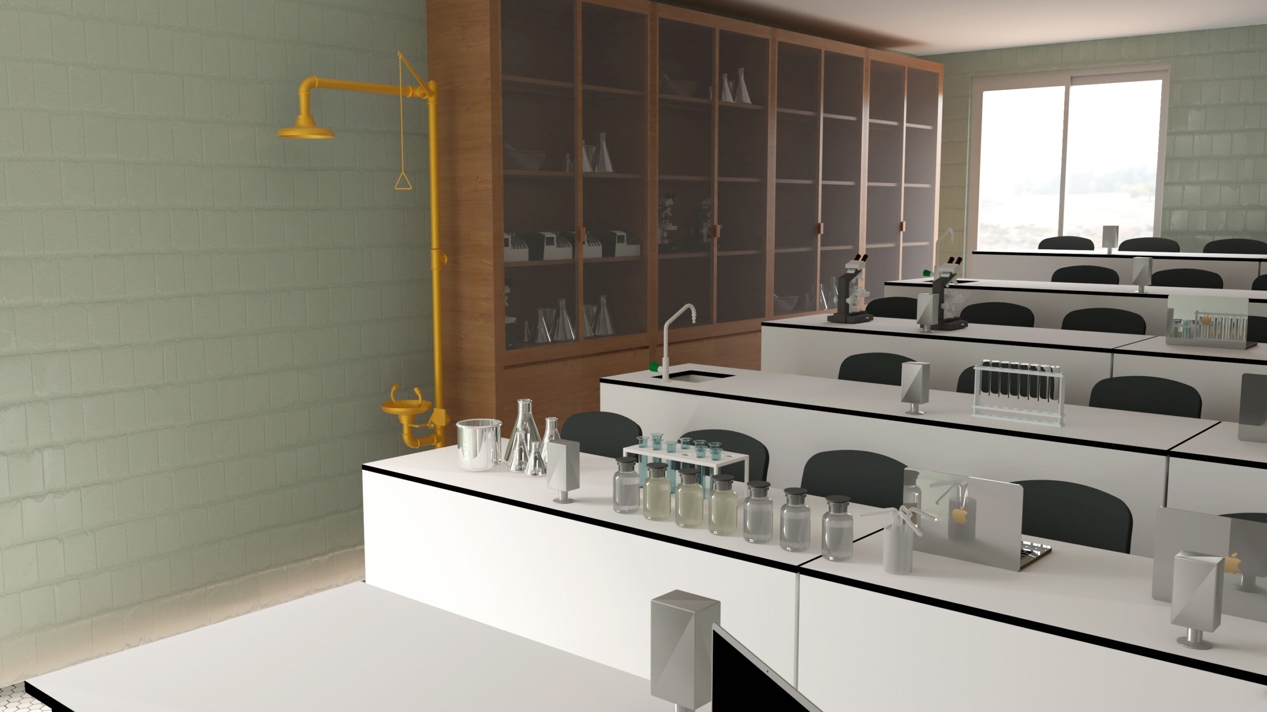 Laboratório com bancadas brancas, material de vidro, cadeiras pretas, duche de segurança e armários.