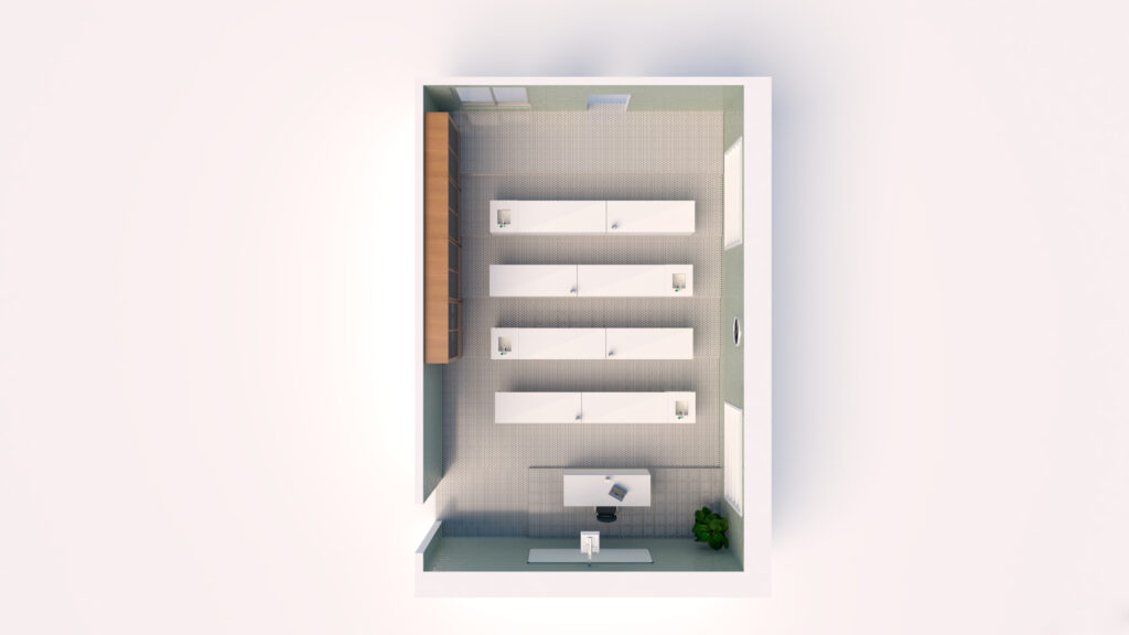 Vista superior de uma sala rectangular com mesas em filas, estantes e uma planta.