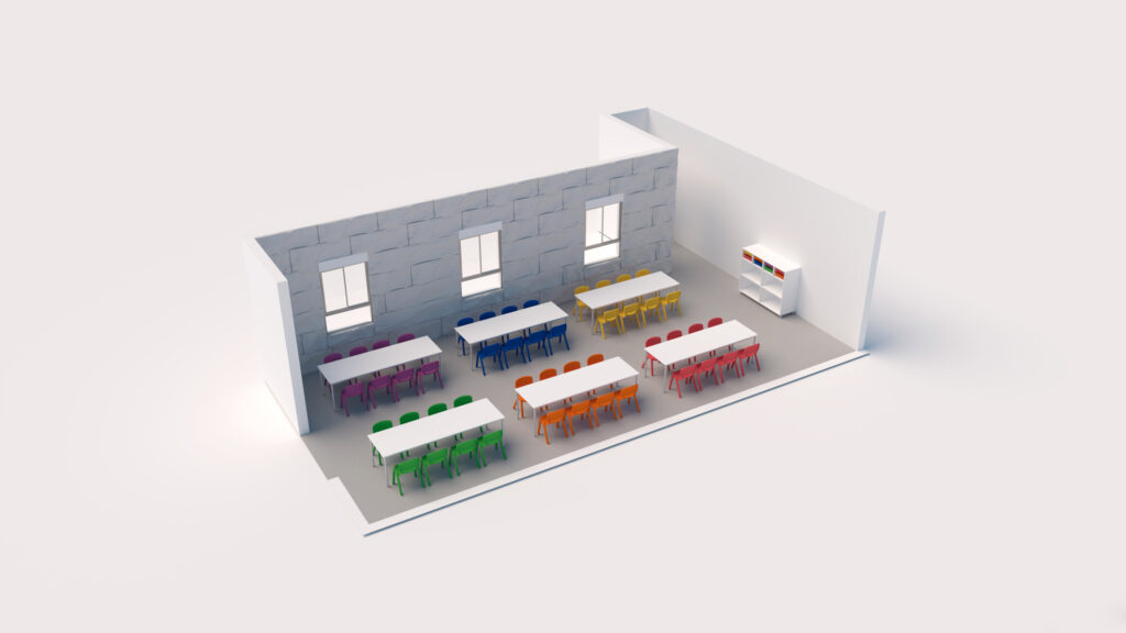 Sala com mesas rodeadas de cadeiras de várias cores e estantes com livros.