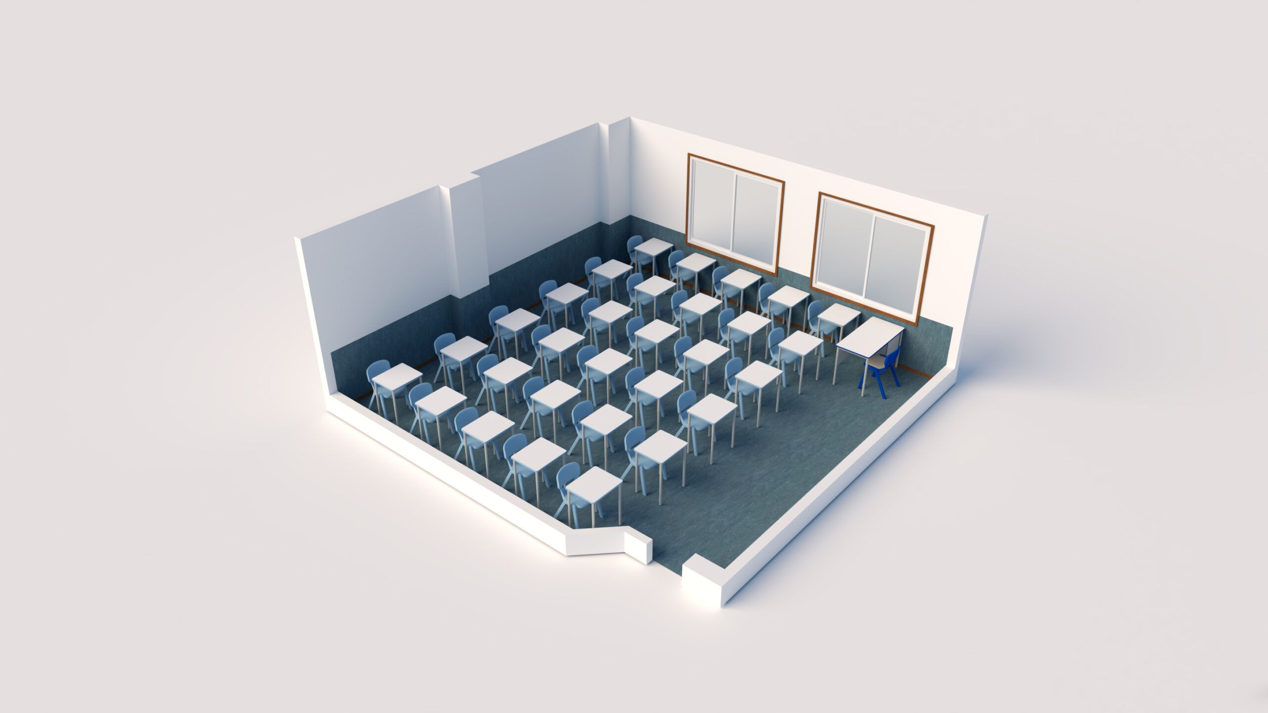 Representação de uma sala com mesas individuais em filas e mesa de professor junto às janelas.