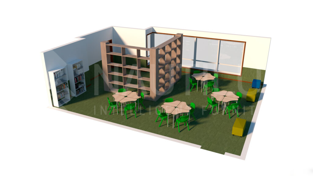 Representação de uma sala com mesas redondas, cadeiras verdes, estantes e divisória central de madeira.