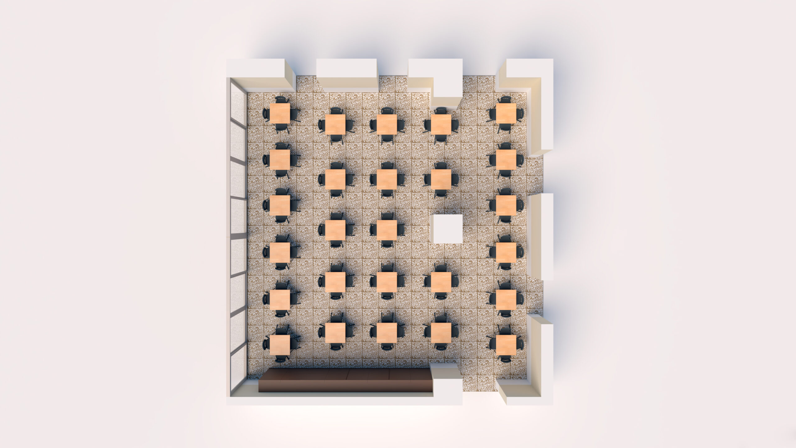 Vista desde arriba de un aula con 25 pupitres dispuestos en una cuadrícula de 5x5, cada uno con una silla. Hay una mesa más grande en el centro y ventanas o paneles de cristal a lo largo de una pared. El suelo es de baldosas decorativas.
