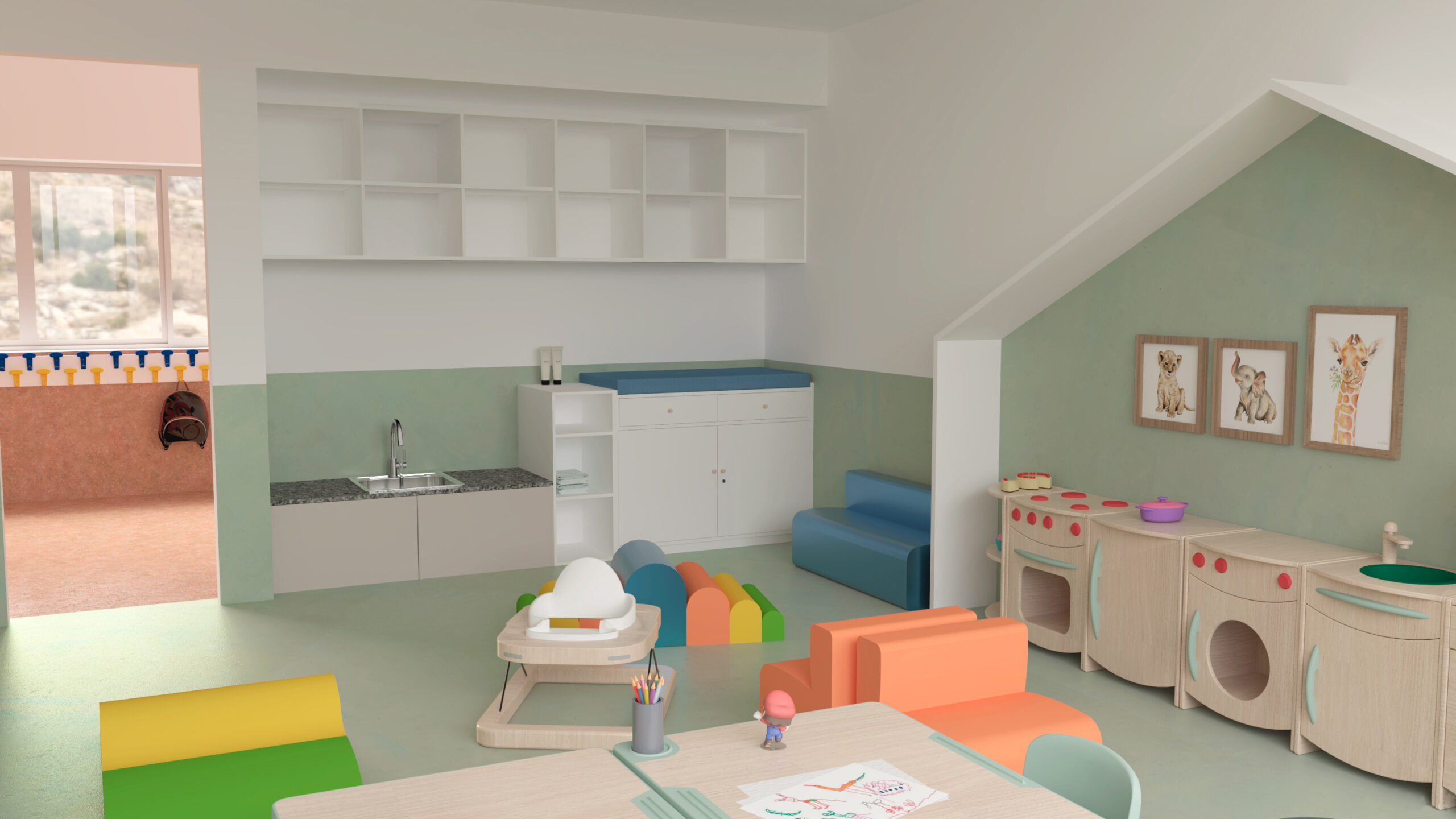 Sala de brincar com mobiliário em tons pastel, cozinha de brincar, assentos de várias cores e mesa de actividades.