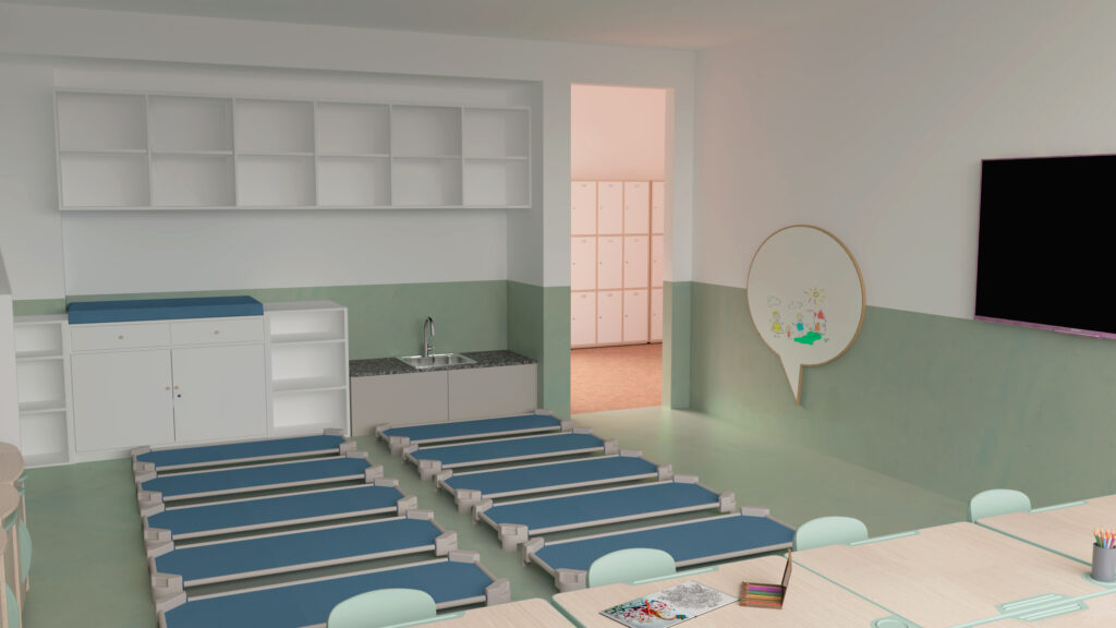 Sala com colchões azuis, móvel com lavatório, estantes, quadro redondo, ecrã e mesa com livros.