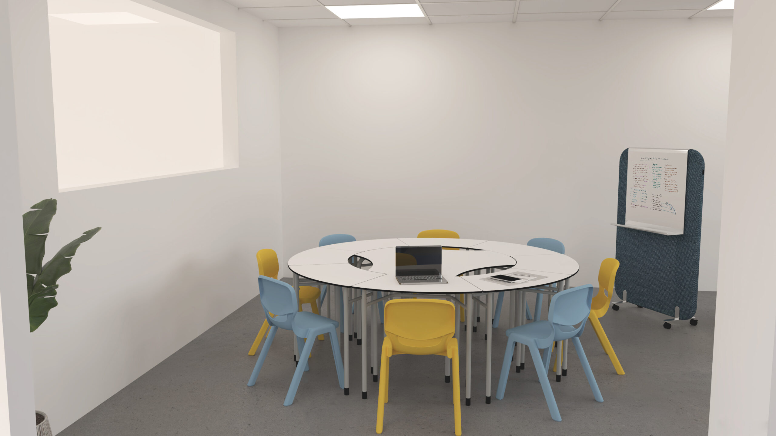 Sala de reuniões com mesa modular redonda, cadeiras azuis e amarelas e quadro móvel.