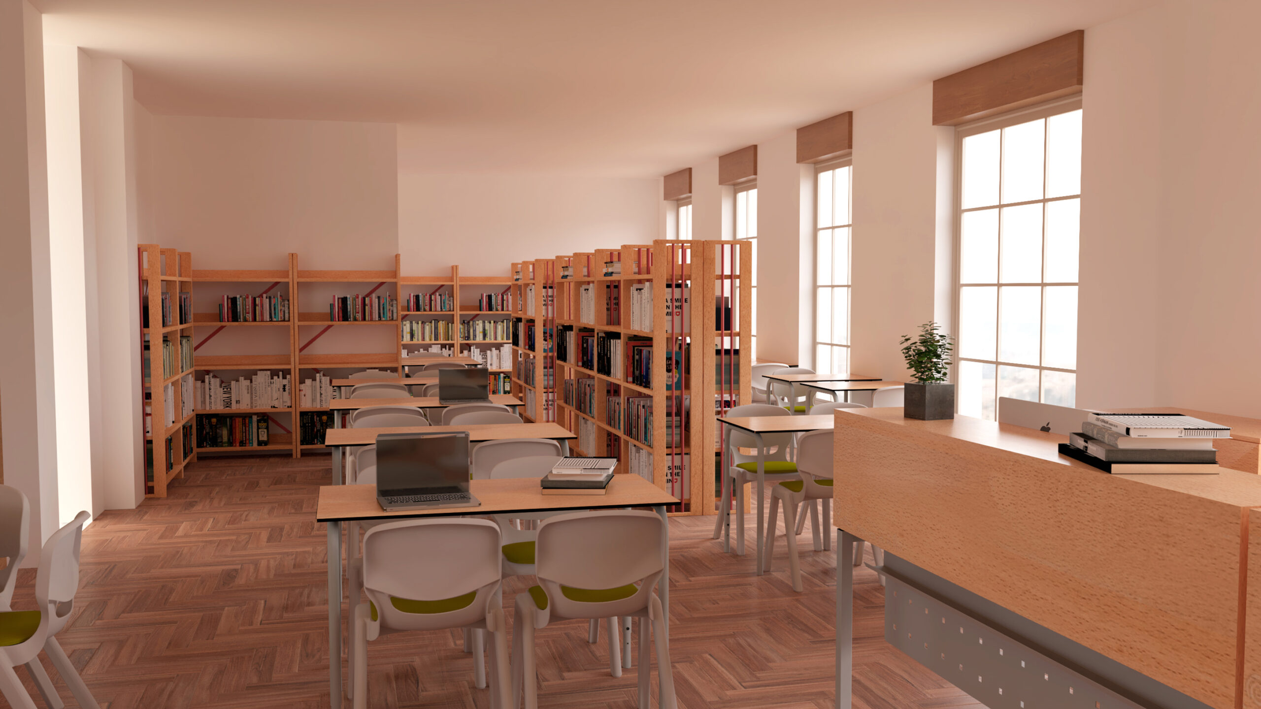 Biblioteca com estantes de madeira, mesas, cadeiras, computadores portáteis e balcão.
