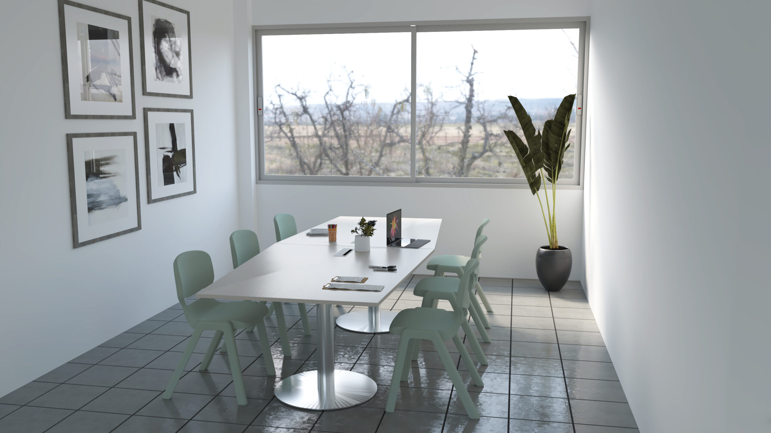 Sala com mesa branca comprida, cadeiras verde-menta, computadores portáteis e cadernos.